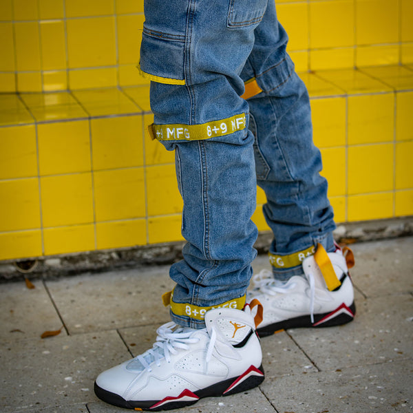 Strapped Up Slim Utility Medium Washed Jeans Yellow – 8&9
