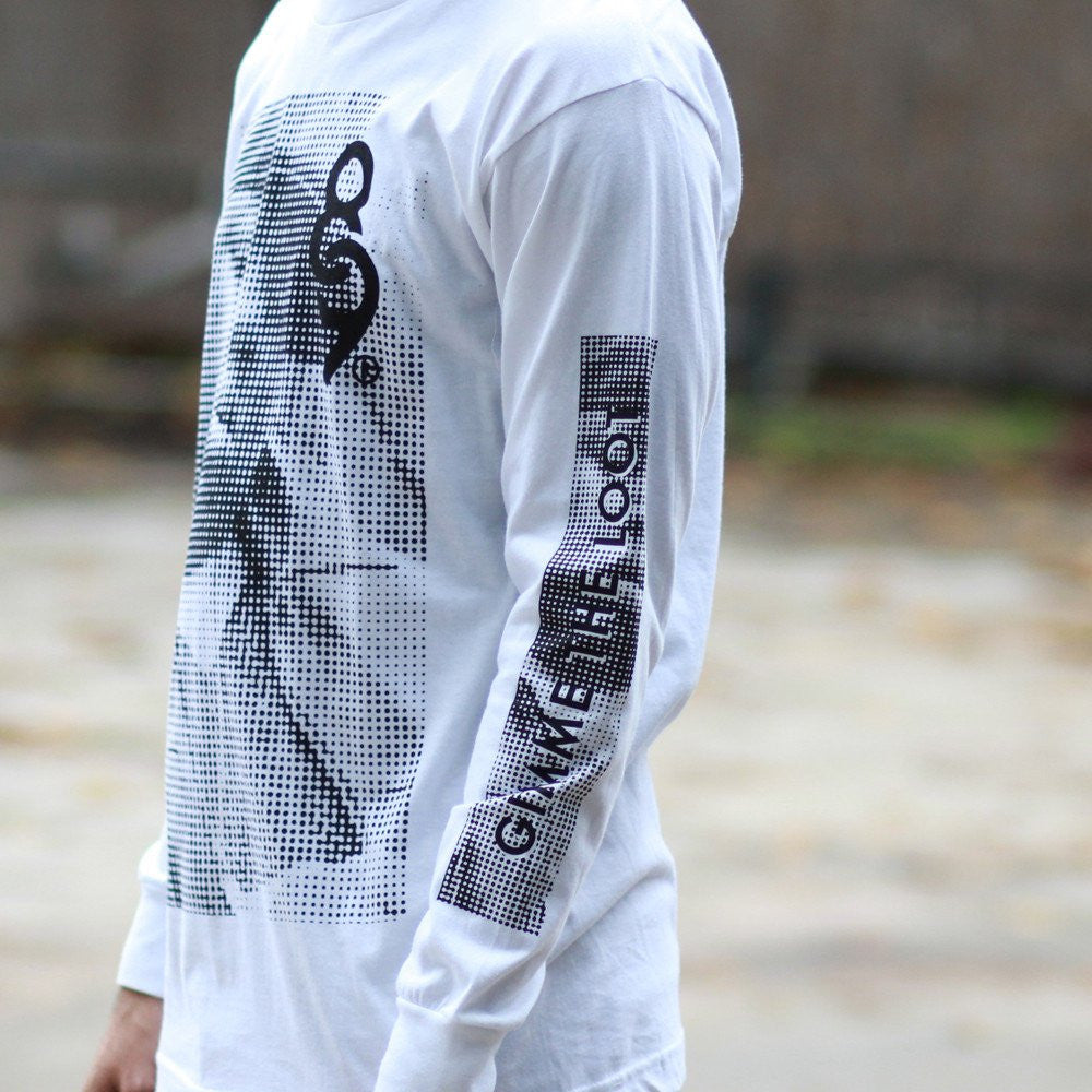 Gimmie the loot ls tee white left sleeve