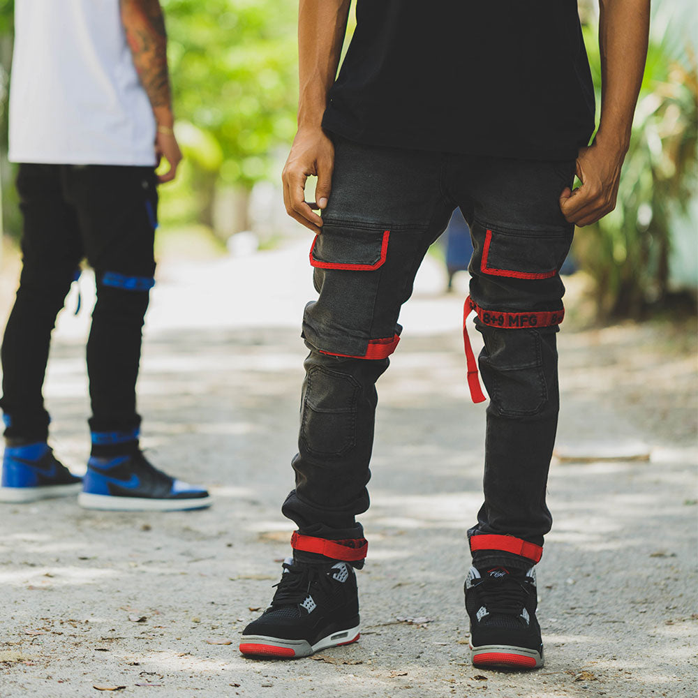 acortar Especificado Dentro Strapped Up Slim Utility Black Jeans Red Straps – 8&9 Clothing Co.