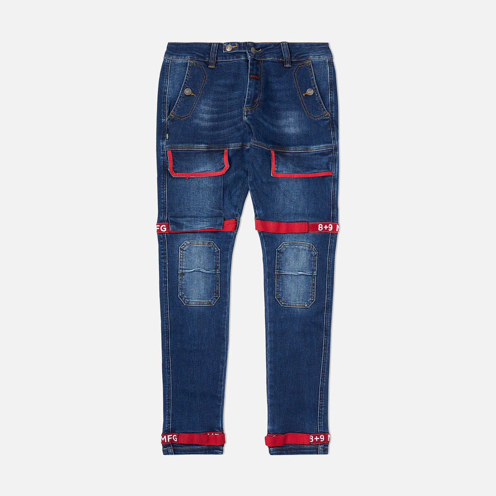 Strapped Up Slim Utility Dark Washed Jeans Red Straps