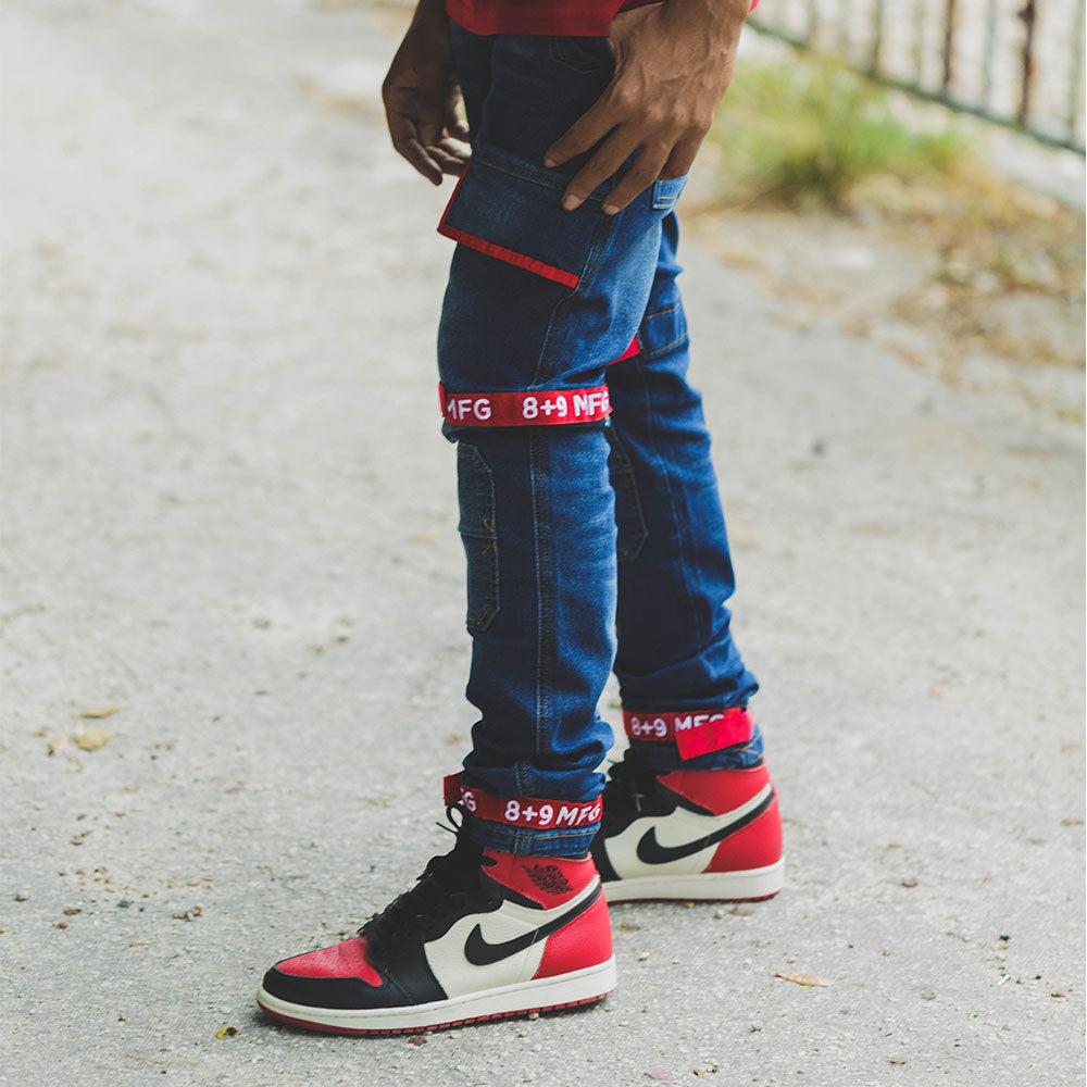 Strapped Up Slim Utility Dark Washed Jeans Red Straps – 8&9 Clothing Co.