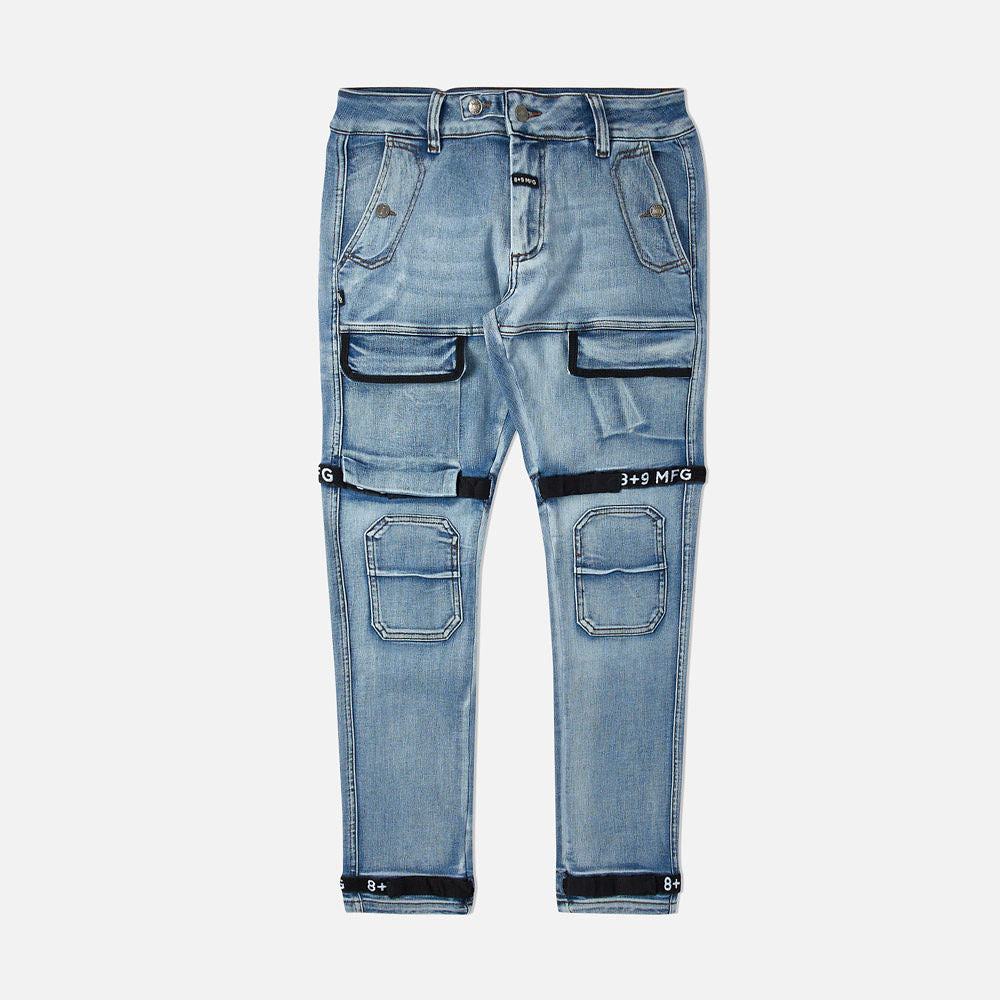 Strapped Up Slim Utility Jeans Faded Blue Denim