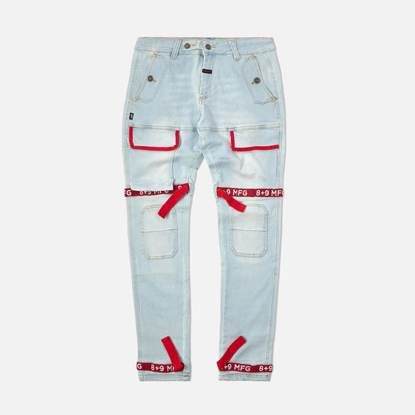 Strapped Up Slim Utility Light Washed Jeans Red Straps – 8&9