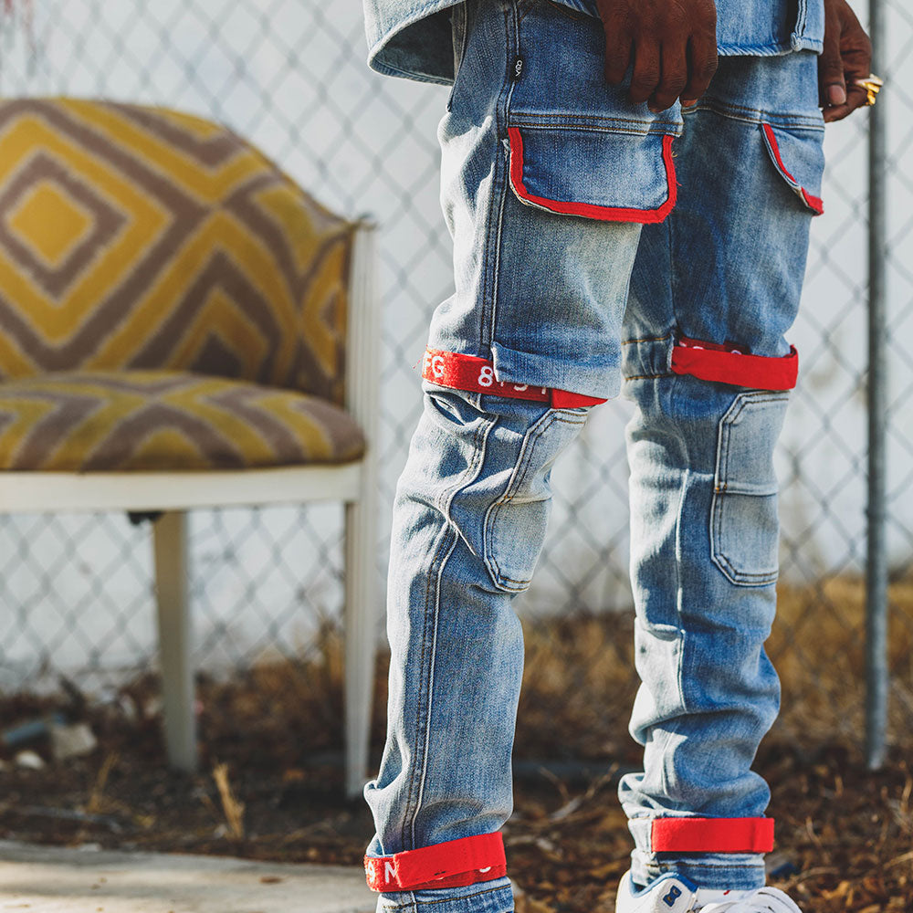 Strapped Up Slim Utility Medium Washed Jeans Red