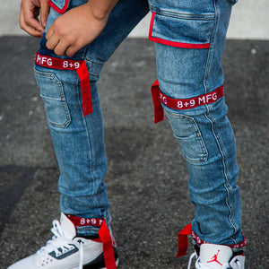 Strapped Up Slim Utility Medium Washed Jeans Red
