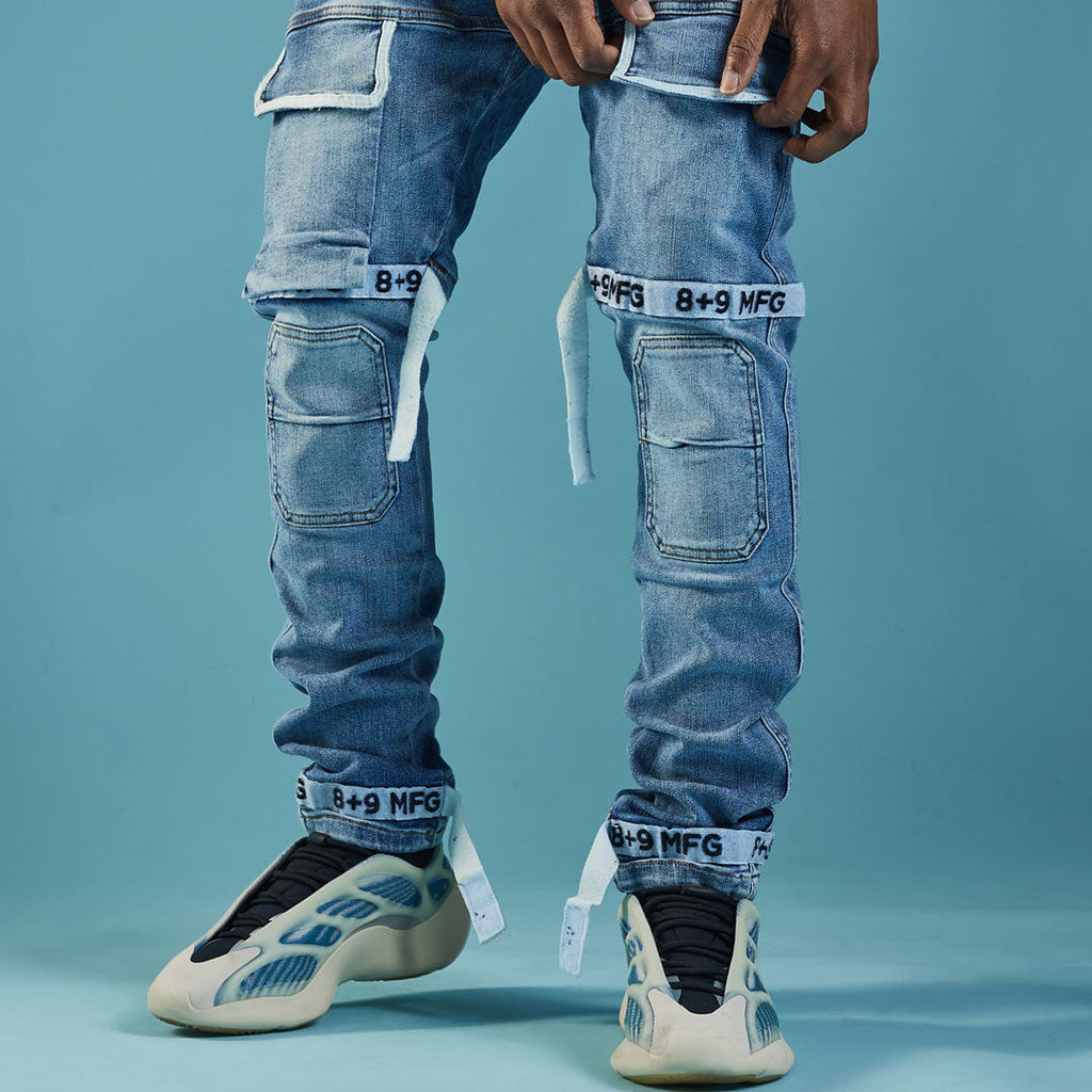 Strapped Up Slim Utility Medium Washed Jeans White