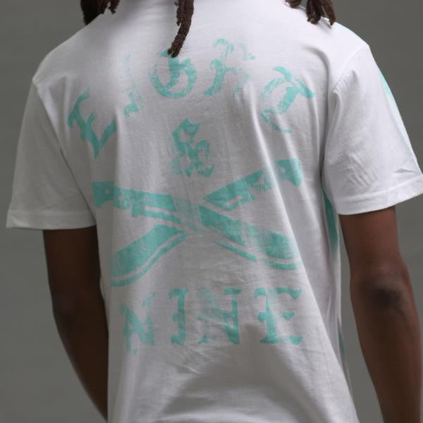 The River t shirt oxidized green close up back
