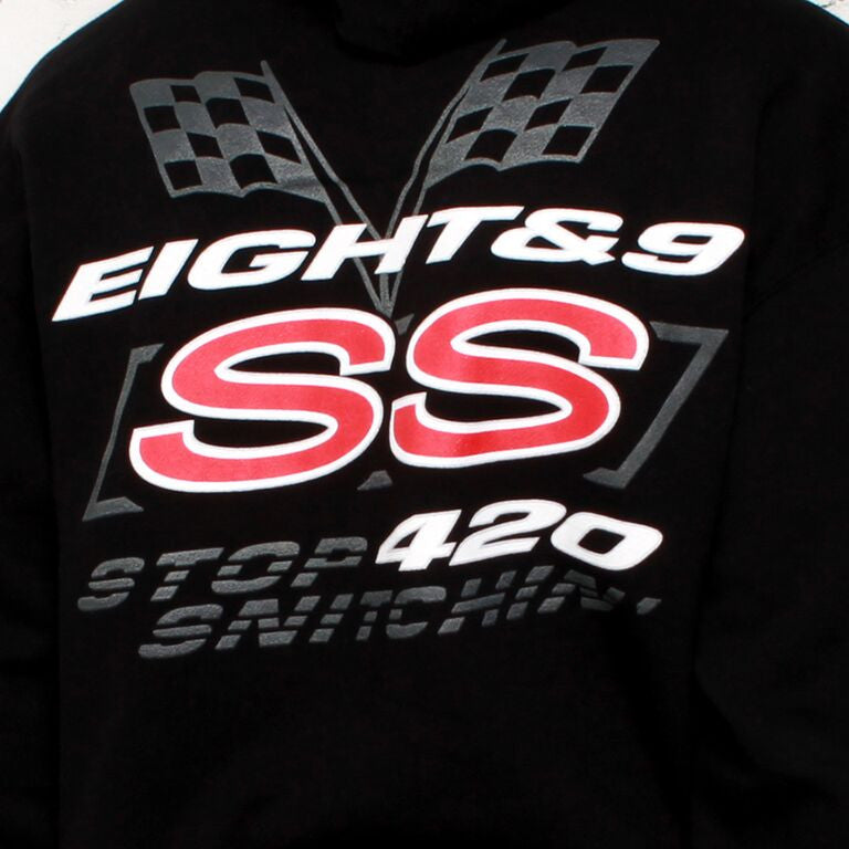 black stop snitchin hoodie back close up