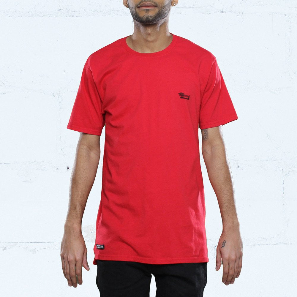 triple beam long line red shirt front